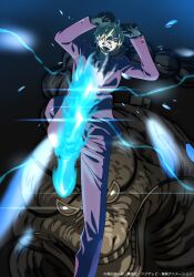 2boys alternate_form black_gloves blonde_hair blue_fire brachiosaurus clenched_hands clenched_teeth commentary english_commentary facial_hair fire formal_clothes gloves goatee goggles hair_over_one_eye highres hone_honehone ifrit_jambe looking_at_viewer multiple_boys mustache official_art one_piece queen_(one_piece) sanji_(one_piece) short_hair suit teeth