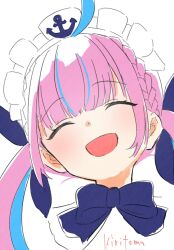 1girl :d ^_^ ahoge blue_bow blue_hair blue_ribbon bow braid closed_eyes hair_ribbon head_only head_tilt highres hololive kiritoma long_hair maid_headdress minato_aqua minato_aqua_(1st_costume) multicolored_hair open_mouth pink_hair ribbon signature simple_background smile solo streaked_hair two-tone_hair virtual_youtuber white_background