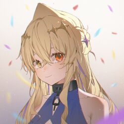 Rule 34 | 1girl, absurdres, backlighting, bare shoulders, bilibili 4817571, blonde hair, chain, chinese commentary, closed mouth, collar, commentary request, confetti, dress, hair between eyes, hair bun, hair ornament, heterochromia, highres, indie virtual youtuber, kaofish, light blush, long bangs, long hair, looking at viewer, metal collar, red eyes, shadow, sidelocks, simple background, single side bun, sleeveless, sleeveless dress, smile, solo, star (symbol), star hair ornament, upper body, variant set, virtual youtuber, yellow eyes