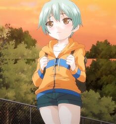 1boy backpack bad_tag bag cherry_&amp;_gal&#039;s green_hair male_focus ryouma_(cherry_&amp;_gal&#039;s) shorts shota solo tagme