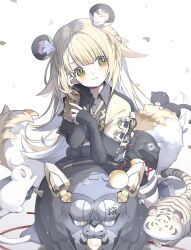 1girl animal_ear_fluff animal_ears black_gloves black_shirt black_shorts blonde_hair blush cat closed_mouth collared_shirt commentary_request elbow_gloves fingerless_gloves gloves green_eyes highres jacket ju_fufu karo_(karohroka) looking_to_the_side multicolored_hair open_clothes open_jacket shirt short-sleeved_jacket short_sleeves shorts simple_background smile solo tail thigh_strap tiger tiger_ears tiger_girl tiger_tail two-tone_hair white_background white_hair yellow_jacket zenless_zone_zero