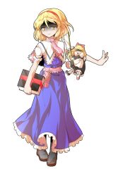 1girl alice_margatroid alphes_(style) bare_arms black_boots blonde_hair blue_dress book boots capelet commentary_request dairi doll dress frilled_dress frilled_sleeves frills full_body hair_between_eyes hairband highres holding holding_book jewelry large_variant_set parody puffy_short_sleeves puffy_sleeves red_hairband ring shaded_face shanghai_doll short_hair short_sleeves solo standing style_parody tachi-e thumb_ring touhou transparent_background variant_set white_capelet