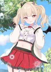 Rule 34 | 1girl, absurdres, ahoge, black wings, blonde hair, blue sky, blunt bangs, center frills, crop top, demon girl, demon horns, demon wings, frills, garter belt, garter straps, grin, hiduki kanon, highres, hiiragisensei, horns, indie virtual youtuber, jacket, midriff, navel, open clothes, open jacket, red skirt, skirt, sky, smile, standing, symbol-shaped pupils, tree, twintails, virtual youtuber, white jacket, wide sleeves, wings