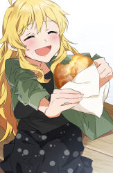 1girl :d absurdres bench black_shirt black_skirt blonde_hair blush closed_eyes food food_on_face green_jacket happy highres holding holding_food hoshii_miki idolmaster idolmaster_(classic) jacket katsu_(kana) long_hair long_sleeves on_bench open_mouth shirt simple_background sitting skirt smile solo white_background