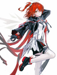 1girl absurdres ankle_boots arknights arm_behind_head black_boots black_gloves black_jacket boots closed_mouth commentary crop_top cropped_jacket cross cross_earrings earrings exusiai_(arknights) exusiai_the_new_covenant_(arknights) fingerless_gloves foot_out_of_frame glint gloves grey_halo hair_over_one_eye halo highres jacket jewelry latin_cross leg_up light_smile long_sleeves looking_at_viewer medium_hair one_eye_covered one_side_up red_hair red_pupils simple_background sketch solo standing standing_on_one_leg symbol-only_commentary thigh_strap thighhighs traditional_halo white_background white_thighhighs yellow_eyes zhishi_mao_tiao