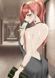 Rule 34 | 1girl, ahoge, arisugawa natsuha, ass, bag, black dress, blush, breasts, butt crack, card, clutch purse, commentary, credit card, dress, earrings, evening gown, hallway, handbag, highres, holding, holding bag, holding card, idolmaster, idolmaster shiny colors, imiin, jewelry, long hair, medium breasts, orange hair, ponytail, profile, sideboob, sideless dress, smile, solo, very long hair