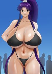 1girl bad_id bad_twitter_id bikini black_bikini blush breasts cleavage crowd eiken furaido_potato gigantic_breasts gluteal_fold grey_eyes hand_on_own_hip highres huge_breasts misono_kirika navel o-ring o-ring_bikini o-ring_bottom o-ring_top ponytail purple_hair shiny_skin sidetail silhouette skindentation swimsuit thick_thighs thighs