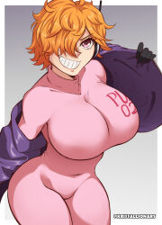 Rule 34 | 1girl, absurdres, breasts, cleavage, female focus, hair over one eye, highres, huge breasts, large breasts, naughty face, one piece, orange hair, solo, thick thighs, thighs, vegapunk lilith