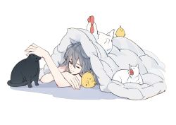 1girl animal azur_lane baby_animal bird blanket cat chick chicken closed_mouth grey_hair hair_between_eyes hatski.sin highres long_hair lying manjuu_(azur_lane) on_stomach one_eye_closed red_eyes saint-louis_(azur_lane) simple_background smile solo under_covers white_background white_cat