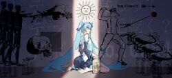 Rule 34 | 1girl, absurdres, animal head, aqua eyes, aqua hair, aqua nails, aqua necktie, arched back, arrow (projectile), barefoot, black skirt, crack of light, dark room, detached sleeves, disembodied eye, disembodied hand, drawing, expressionless, fencing, garando (vocaloid), hair ornament, hatsune miku, helmet, highres, indoors, jar, kobacha (ochakoba), long hair, looking at viewer, looking back, lyrics, necktie, octopus, on floor, pleated skirt, pointing, shirt, silhouette, sitting, skirt, skull, sleeveless, sleeveless shirt, solo focus, sun, twintails, very long hair, vocaloid, wariza, white shirt