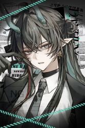 1boy absurdres aqua_horns bccch123 black_choker black_gloves black_hair black_jacket black_necktie choker collared_shirt commentary dan_heng_(honkai:_star_rail) dragon_boy earrings gloves grey_eyes hair_between_eyes hand_up highres honkai:_star_rail honkai_(series) horns jacket jewelry long_hair looking_at_viewer male_focus necktie open_clothes open_jacket parted_lips pointy_ears portrait shirt solo symbol-only_commentary white_shirt