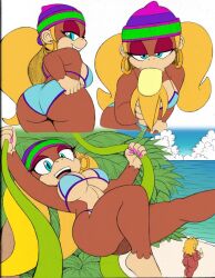 2girls ass banana barefoot beach beanie bikini blonde_hair blue_bikini breasts candy_kong cloud commentary day donkey_kong_(series) earrings eating english_commentary eyeshadow feet food from_behind fruit furry furry_female grin hat hoop_earrings jewelry large_breasts long_hair looking_at_viewer looking_back makeup multiple_girls multiple_views nail_polish nintendo omegasunburst outdoors piercing pink_nails plant seaside sexually_suggestive smile swimsuit teeth thong tiny_kong vines water