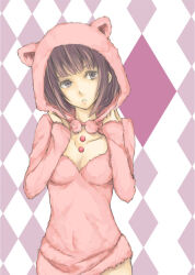 1girl 2012 animal_ears argyle_background black_hair blunt_bangs bob_cut fake_animal_ears grey_eyes hands_up higashikata_daiya hood jojo_no_kimyou_na_bouken jojolion looking_to_the_side medium_hair solo touyama_(terada)
