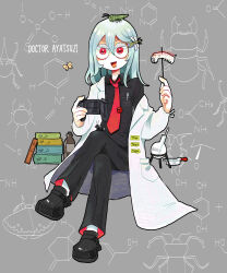 1girl absurdres book borrowed_character bug butterfly coat commentary_request crossed_legs full_body game_console grasshopper green_hair grey_background handheld_game_console highres holding holding_handheld_game_console insect lab_coat long_hair nicoq_(koikoihaihai) original red_eyes sitting solo white_coat