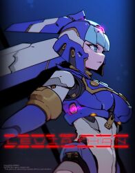 Rule 34 | 1girl, absurdres, android, armor, artist name, blue eyes, blue helmet, breastplate, breasts, character name, covered navel, crop top, fairy leviathan (mega man), fins, forehead jewel, from side, glowing, head fins, helmet, highres, holding, holding pole, mar10, medium breasts, mega man (series), mega man zero (series), pole, ringed eyes, robot girl, solo, underwater