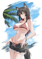 1girl absurdres animal_ear_fluff animal_ears arknights artist_name bare_shoulders bikini bird black_hair black_shorts blue_sky bracelet breasts chinese_commentary cleavage closed_mouth cloud collarbone commentary_request cowboy_shot cutoffs dated day groin hair_between_eyes highres jewelry knight_fault large_breasts long_hair looking_at_viewer navel open_fly palm_leaf red_bikini short_shorts shorts sidelocks sky solo standing stomach striped_bikini striped_clothes swimsuit tail texas_(arknights) wolf_ears wolf_girl wolf_tail wristband