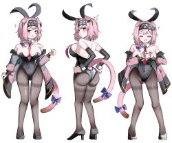 1girl :d ^^^ ^_^ absurdres alternate_costume animal_ears arknights ass bare_shoulders between_breasts black_hairband black_jacket black_leotard black_pantyhose black_shoes blush braid breasts bright_pupils closed_eyes commentary detached_collar facing_viewer flying_sweatdrops four-finger_heart_hands full_body goldenglow_(arknights) groin hair_over_shoulder hairband heart heart_hands high_heels highleg highleg_leotard highres jacket large_breasts leotard long_sleeves looking_at_viewer medium_hair multiple_views necktie necktie_between_breasts off_shoulder open_mouth own_hands_together pantyhose pink_hair pink_necktie pink_tail playboy_bunny shoes simple_background smile spam_(spamham4506) standing tail white_background white_pupils wrist_cuffs yellow_eyes