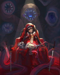 1girl absurdres black_hair blood boots brown_hair capelet chair crossed_legs dress eldritch_abomination full_body fur-trimmed_dress fur_trim grin haruharudog hat highres hime_cut hiruko_(mon-musu_quest!) holding holding_skull jacket knee_boots long_hair long_sleeves looking_at_viewer mon-musu_quest! mon-musu_quest:_paradox monster_girl multicolored_hair multiple_swords navel nose open_clothes open_jacket red_boots red_capelet red_dress red_hat saliva saliva_trail sharp_teeth sidelocks skull smile solo spotlight teeth tentacle_with_mouth tentacles yellow_eyes