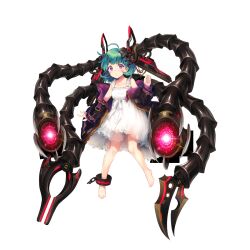 1girl ahoge artist_request bare_legs bare_shoulders barefoot belt belt_buckle black_coat black_sleeves buckle chain claws coat collarbone cuffed dress dress_ribbon final_gear frilled_dress frilled_straps frills full_body gold_buckle green_hair highres long_sleeves looking_at_viewer mecha_musume mechabare nia_(final_gear) official_art purple_belt purple_eyes ribbon short_hair simple_background single_ankle_cuff sleeve_belt solo tachi-e third-party_source transparent_background two-sided_coat two-sided_fabric white_dress white_ribbon