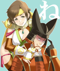 1boy 1girl armor breasts brown_eyes brown_hair cleavage couple detached_sleeves headband helmet japanese_armor maou_alba mother_and_son nene samurai sengoku_musou sengoku_musou_2 short_hair shoulder_pads toyotomi_hideyori