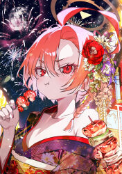 1girl absurdres ahoge armpit_crease blue_archive braid breasts closed_mouth collarbone commentary eating festival fireworks flower food full_moon hair_between_eyes hair_flower hair_ornament halo hand_up hibi2scus highres holding holding_food japanese_clothes kimono light_blush long_sleeves looking_at_viewer medium_hair mole mole_under_eye moon nail_polish neru_(blue_archive) night night_sky outdoors pink_hair pink_nails red_eyes single_bare_shoulder single_braid sky small_breasts solo yellow_halo