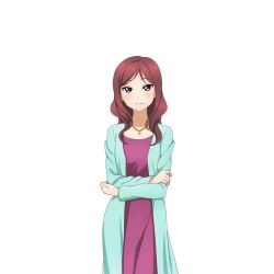 1girl aqua_jacket arms_across_body blush breasts closed_mouth collarbone cowboy_shot dress hand_on_own_arm hand_on_own_elbow jacket jewelry long_hair looking_at_viewer love_live! love_live!_school_idol_festival love_live!_school_idol_project mature_female medium_breasts mole mole_under_mouth necklace nishikino_maki&#039;s_mother open_clothes open_jacket purple_dress purple_eyes red_hair smile solo standing straight-on tachi-e transparent_background tsurime wavy_hair