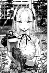 1girl bad_tag blush breasts collared_shirt frills greyscale hair_ribbon highres hirune_(imomonono) holding looking_at_viewer medium_hair monochrome neck_ribbon original outdoors plant ribbon shirt short_sleeves skirt smile solo twintails two_side_up watering_can