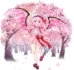1girl ahoge alternate_color alternate_costume alternate_eye_color alternate_hair_color alternate_headwear bag bow bow_skirt cherry_blossoms collared_shirt crystal crystal_wings falling_petals fang flandre_scarlet flandre_scarlet_(vibrant_sister_of_the_devil) flower flute footwear_bow full_body game_cg hair_bow hat hat_bow headwear_request highres holding holding_flute holding_instrument instrument jacket loafers long_hair long_sleeves looking_at_viewer neck_ribbon official_art one_side_up open_clothes open_jacket open_mouth petals pink_eyes pink_flower pink_hair pink_jacket pink_petals pink_skirt pleated_skirt recorder red_bag red_bow red_ribbon red_shoes ribbon rotte_(1109) shirt shoes skirt smile socks solo stuffed_animal stuffed_toy teddy_bear third-party_source touhou touhou_lostword transparent_background tree white_shirt white_socks wings