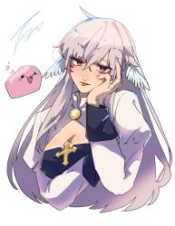 Rule 34 | 1girl, :3, arch bishop (ragnarok online), black dress, blush, breasts, cleavage, cleavage cutout, closed mouth, clothing cutout, commentary request, cross, datenshi no fu, dress, feathered wings, grey hair, hand on own cheek, hand on own face, head wings, highres, juliet sleeves, large breasts, long hair, long sleeves, poring, puffy sleeves, ragnarok masters, ragnarok online, red eyes, simple background, slime (creature), smile, solo, tongue, tongue out, two-tone dress, upper body, very long hair, white background, white dress, white wings, wings