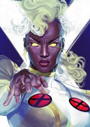 1girl artist_name blonde_hair blue_background bodysuit breasts cape commentary covered_collarbone dark-skinned_female dark_skin earrings english_commentary fingernails floating_clothes glowing glowing_eyes hand_up highres jewelry large_breasts lightning lightning_bolt_earrings lightning_bolt_symbol lips long_hair looking_at_viewer marvel realistic solo storm_(x-men) superhero_costume teeth two-tone_background upper_body uzuri_art v-shaped_eyebrows wavy_hair white_background white_bodysuit white_cape x-men yellow_eyes