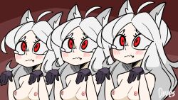 1other 3girls ahoge animal_ears animated animated_gif anus arms_up ass ass_focus black_gloves black_tail blinking blush breasts cerberus_(helltaker) cleft_of_venus closed_mouth colored_skin completely_nude demon_girl demon_tail diives dog_ears ears english_text fang gloves grabbing_own_ass heart helltaker high_heels kneeling legs long_hair multiple_girls newspaper nipples nose nose_blush nude open_mouth pale_skin patreon paw_pose punishment pussy red_eyes rolled_up_newspaper shoes sitting socks spanked spanking stomach tail tears triplets watermark white_hair white_skin wide_oval_eyes