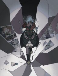 1girl ascot bang_dream! bang_dream!_it&#039;s_mygo!!!!! black_ascot black_boots black_corset black_gloves black_mask black_pantyhose black_skirt blue_hair boots chara_tomato52 corset crychic_(bang_dream!) gloves highres long_hair mask masquerade_mask nagasaki_soyo oblivionis_(bang_dream!) pantyhose puffy_short_sleeves puffy_sleeves red_shirt shiina_taki shirt short_sleeves skirt solo takamatsu_tomori togawa_sakiko wakaba_mutsumi