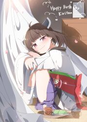 1girl :3 absurdres ahoge back_bow blunt_bangs blush bow brown_hair chest_of_drawers closed_mouth commentary_request falling_petals floating_hair from_side full_body half-closed_eyes happy_birthday headgear highres hugging_own_legs indoors ixia559 japanese_clothes kimono knees_to_chest knees_up lens_flare light_particles looking_to_the_side medium_hair obi obiage obijime petals pink_eyes plate pleated_skirt purple_skirt red_bow sash shadow short_kimono skirt smile socks solo tea touhoku_kiritan voiceroid white_kimono white_socks zunda_mochi