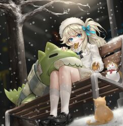 1girl bare_tree bench black_bow black_shoes blonde_hair blue_bow blue_eyes blurry blurry_background bow bowtie cat chronodash city commentary english_commentary food food_in_mouth fur-trimmed_jacket fur_hat fur_trim girls&#039;_frontline girls&#039;_frontline_2:_exilium hair_bow hat highres jacket lamppost loafers looking_at_viewer medium_hair mr._pizza_(girls&#039;_frontline_2) outdoors park_bench shoes sitting snow snowing snowman socks solo stuffed_animal stuffed_toy taiyaki tree vepley_(girls&#039;_frontline_2) wagashi white_jacket white_socks wooden_bench