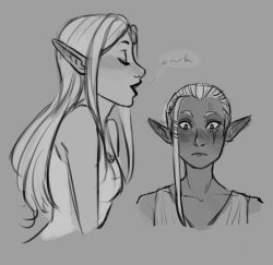 2girls asymmetrical_hair blush dark_skin dark-skinned_female elly_beck facial_tattoo full-face_blush greyscale impa lips long_hair monochrome multiple_girls nintendo open_mouth pointy_ears princess_zelda queen sexually_suggestive tattoo the_legend_of_zelda