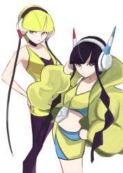 1girl bare_arms bare_shoulders black_choker black_hair blonde_hair blue_eyes blunt_bangs breasts choker collarbone crop_top dress dual_persona elesa_(pokemon) fur_jacket hand_on_own_hip hand_up headphones highres jacket low_neckline medium_breasts midriff multiple_girls navel nintendo pantyhose pokemon pokemon_bw pokemon_bw2 shirt short_dress short_hair short_hair_with_long_locks shorts sleeveless sleeveless_dress sleeveless_shirt tikuwabu_33 two-tone_shirt two-tone_shorts yellow_dress yellow_jacket yellow_shirt yellow_shorts zipper