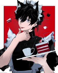1boy alternate_costume amamiya_ren animal_ear_fluff animal_ears apron arms_up black_dress black_hair border cake cake_slice cat_boy cat_ears coffee_mug commentary crossdressing cup dress enmaided food frilled_apron frills grey_eyes hair_between_eyes hashtag-only_commentary highres holding juliet_sleeves kemonomimi_mode licking licking_finger long_sleeves lower_eyelashes_only maid maid_headdress male_focus mug persona persona_5 plate puffy_sleeves qchng short_hair solo tongue tongue_out upper_body white_border