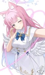 1girl angel_wings animal_ear_fluff animal_ears awa_(awao141) blue_archive blue_bow blue_bowtie blush bow bowtie breasts capelet cat_ears closed_mouth commentary_request dress feathered_wings frilled_dress frills gradient_halo hair_bun halo heart highres kemonomimi_mode large_breasts long_hair looking_at_viewer low_wings mika_(blue_archive) multicolored_hair multicolored_halo one_eye_closed pink_hair pink_halo selfie signature simple_background single_side_bun smile solo white_background white_capelet white_dress white_wings wing_ornament wings yellow_eyes