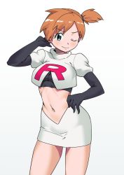 1girl ;) black_gloves blush breasts commentary_request cosplay cropped_jacket elbow_gloves eyelashes game_freak gloves green_eyes hand_on_own_hip hand_up jacket jessie_(pokemon) jessie_(pokemon)_(cosplay) logo looking_at_viewer makino_harumaki midriff misty_(pokemon) navel nintendo one_eye_closed orange_hair pokemon pokemon_(anime) pokemon_(classic_anime) short_hair side_ponytail simple_background skirt smile solo white_background white_jacket white_skirt