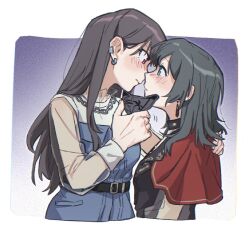 Rule 34 | 2girls, bang dream!, bang dream! it&#039;s mygo!!!!!, black hair, black mask, blue dress, blue eyes, blush, border, brown hair, cape, chain, chain necklace, closed mouth, commentary request, criangle k., dress, ear blush, earclip, earrings, eye contact, highres, imminent kiss, jewelry, long hair, looking at another, mask, mouth mask, multiple girls, necklace, outside border, parted lips, purple background, purple eyes, red cape, see-through clothes, see-through sleeves, shiina taki, timoris (bang dream!), unworn mask, white border, yahata umiri, yuri