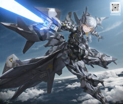 1girl ace_combat adf-01_falken blue_sky cloud directed-energy_weapon energy energy_beam energy_cannon energy_weapon firing flying adversarial_noise gun holding holding_gun holding_weapon laser_cannon laser_weapon long_hair looking_at_viewer mecha_musume multicolored_hair qr_code sidelocks sky smile solo tactical_laser_system tom-neko_(zamudo_akiyuki) twitter_username two-tone_hair weapon white_hair yellow_eyes