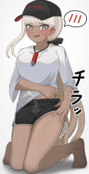 1girl barefoot baseball_cap black_shorts blonde_hair blush brown_eyes clothes_lift dark-skinned_female dark_skin feet female_focus full_body hat highres japanese_text jewelry kawana_tsubasa kneeling long_hair necklace ponytail shirt shirt_lift short_sleeves shorts simple_background solo the_hundred_line_-last_defense_academy- toenails toes translation_request white_background white_shirt