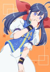 1girl ahoge blue_eyes blue_hair commentary_request drdr_ao_midoro fatal_fury fatal_fury:_city_of_the_wolves futaba_hotaru hair_between_eyes hair_ribbon highres long_hair looking_at_viewer orange_background pants puffy_short_sleeves puffy_sleeves red_ribbon ribbon short_sleeves simple_background solo twintails white_pants