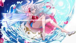 1girl absurdres aiming aiming_at_viewer aqua_eyes bare_legs breasts carlotta_(splashing_summer)_(wuthering_waves) carlotta_(wuthering_waves) casual_one-piece_swimsuit commentary english_commentary feet floating_hair gun highres holding holding_gun holding_weapon legs long_hair looking_at_viewer making-of_available medium_breasts mixed-language_commentary multilingual_commentary official_alternate_costume one-piece_swimsuit open_mouth pink_one-piece_swimsuit rena_(rena_emc2) rifle sandals smile solo swim_ring swimsuit thighs toes very_long_hair weapon white_hair white_sandals wuthering_waves