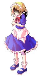 1girl apron bare_arms blonde_hair blue_dress blue_shoes bobby_socks bow bowtie closed_mouth commentary_request dairi dress frilled_dress frills full_body highres large_variant_set maid maid_headdress mary_janes mugetsu_(touhou) puffy_short_sleeves puffy_sleeves red_bow red_bowtie shaded_face shoes short_sleeves socks solo standing touhou touhou_(pc-98) transparent_background variant_set waist_apron white_apron white_socks yellow_eyes