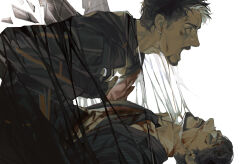 Rule 34 | 2boys, arc reactor, artist request, avengers: infinity war, avengers (series), black gloves, black hair, black jacket, black necktie, black pants, blood, blood on clothes, blood on face, brown eyes, closed eyes, closed mouth, collared shirt, dual persona, facial hair, fingerless gloves, gloves, highres, hood, hooded jacket, iron man (2008), iron man (series), jacket, lapels, long sleeves, looking afar, lying, male focus, marvel, marvel cinematic universe, multiple boys, necktie, on back, open clothes, open jacket, open mouth, pants, shirt, short hair, simple background, suit jacket, thendsherly, tony stark, white background, white shirt