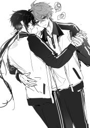 2boys ? alternate_costume blush confused contemporary dancing genshin_impact greyscale hamtaru542899 hand_on_another&#039;s_back holding_hands monochrome mors_gn multiple_boys official_alternate_costume smile tartaglia_(genshin_impact) twitter white_background yaoi zhongli_(genshin_impact)