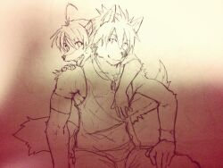 2boys ahoge animal_ear_fluff animal_ears arm_around_shoulder closed_eyes commentary_request dog_boy dog_ears dog_nose dog_tags dog_tail furry furry_male indeigo15 jewelry kouya_aotsuki looking_at_another male_focus morenatsu multiple_boys necklace one_eye_closed open_mouth pen_(medium) shun_kodori smile tail tank_top traditional_media wolf_boy wolf_ears wolf_tail