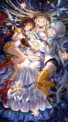 Rule 34 | 3girls, absurdres, alchemy stars, bethlehem (alchemy stars), black footwear, black shorts, blonde hair, book, boots, breasts, brown hair, cape, cleavage, closed mouth, coat, crystal, detached sleeves, dress, fur choker, glint, green eyes, grey hair, hair ornament, hairband, hat, headpiece, highres, holding, holding book, jewelry, lips, long dress, long hair, louise (alchemy stars), lying, medium breasts, mittens, multiple girls, multiple rings, noah (alchemy stars), on back, on side, oohhya, open book, open mouth, orange legwear, own hands together, puffy short sleeves, puffy sleeves, purple eyes, red footwear, ring, scarf, short hair, short sleeves, shorts, small stellated dodecahedron, smile, strapless, strapless dress, teeth, thighhighs, vest, white coat, white dress, white vest, yellow dress