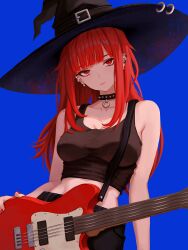 1girl absurdres bare_shoulders bass_guitar black_choker black_hat black_shirt blue_background breasts choker closed_mouth collarbone cowboy_shot crop_top ear_piercing earrings hat highres instrument jewelry long_hair looking_at_viewer medium_breasts midriff original piercing red_eyes red_hair shirt simple_background sleeveless sleeveless_shirt solo spiked_choker spikes tank_top val_(yan_kodiac) witch_hat yan_kodiac